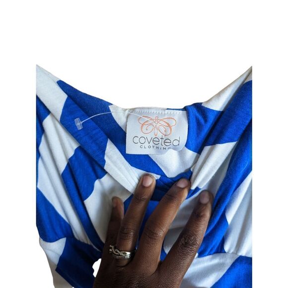 Coveted Clothing Maxi Dress Medium Blue White Chevron Strapless D1265 - Picture 4 of 5